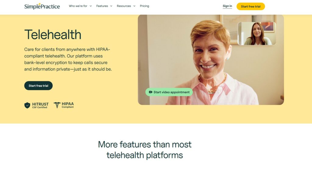 Simple Practice Telehealth Home Page